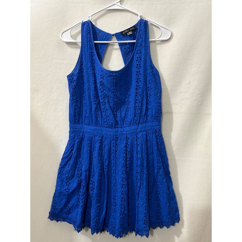 Double Zero Royal Blue Eyelet Lace Open Back Romper Womens Medium Scallop Hem